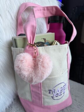 Trader Joe’s Limited Edition Mini Pastel Pink Canvas Tote Bag with Heart Charm